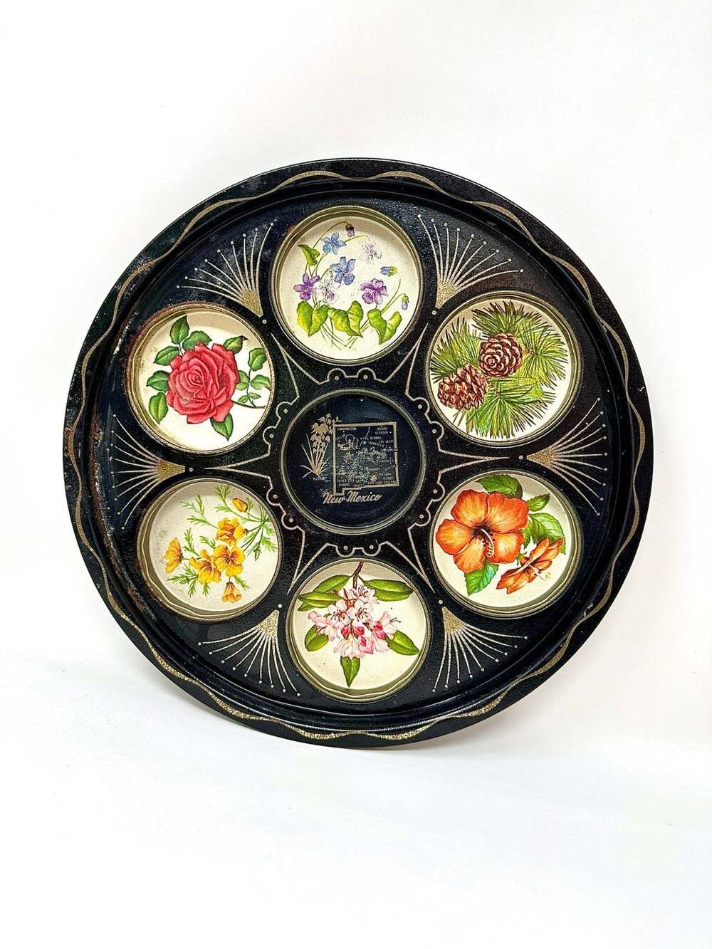 Vintage New Mexico Black & Gold Floral Metal Drink Serving Tray MCM Cottagecore